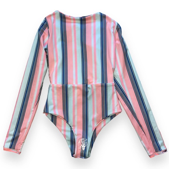 Maaji Long Sleeve One Piece Swimsuit Reversible Stripes and Floral Coral Pink - Picture 3 of 9